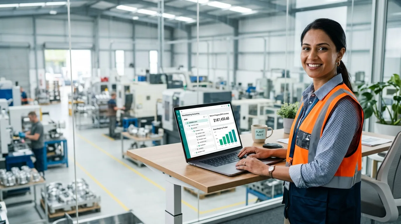 Plant accountant reviewing the best accounting software for manufacturing business on a laptop showing a bill of materials, work in progress value and gross margin by product inside a factory office