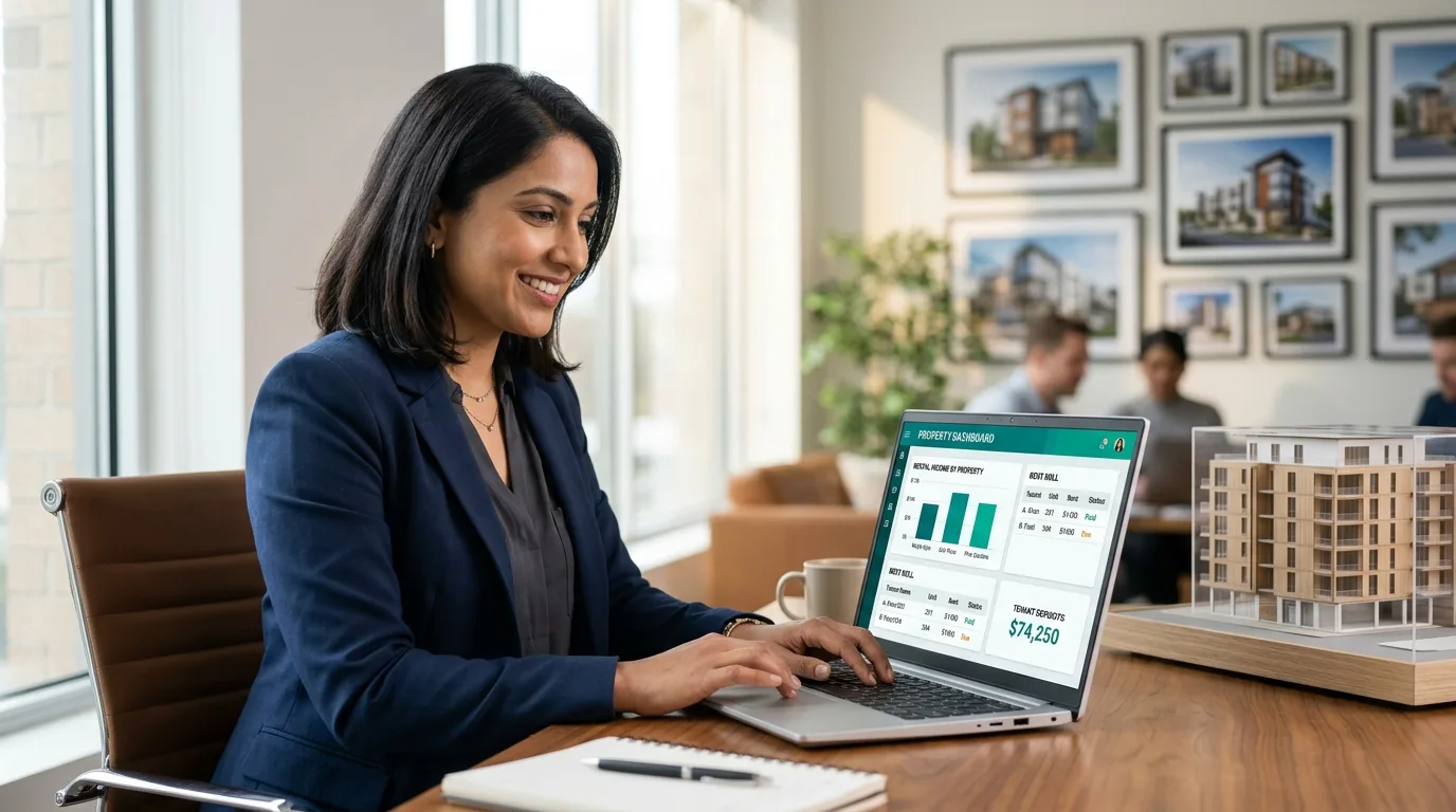 Property manager reviewing the best accounting software for real estate business on a laptop showing rental income by property, a rent roll table and tenant deposit balance