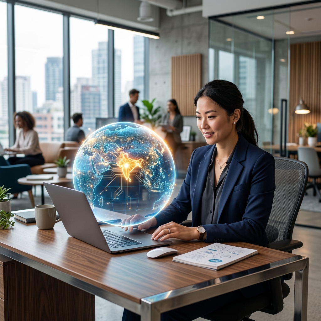 Modern accountant working at a desk with a glowing digital globe highlighting a connection to India