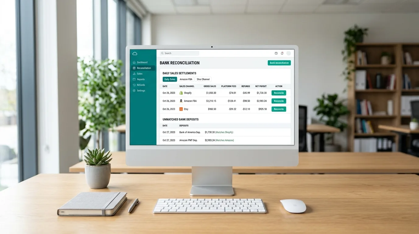 Cloud accounting bank reconciliation screen on an iMac showing summarised daily sales settlements for Shopify, Amazon FBA and Etsy matched against bank deposits with gross sales, platform fees, refunds and net payout columns