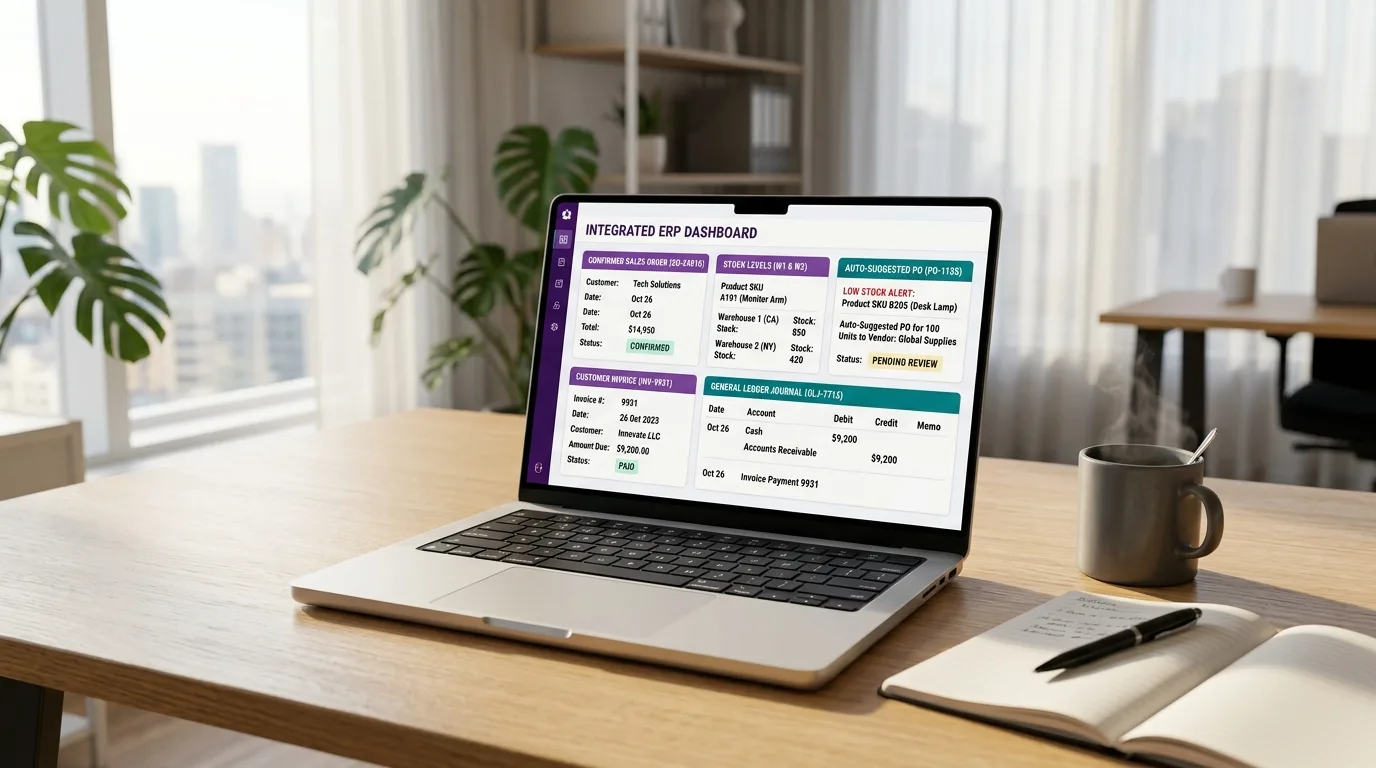 Integrated ERP screen on a MacBook Pro showing a confirmed sales order, stock levels across two warehouses, an automatic purchase order suggestion, a customer invoice and a general ledger entry linked on one page