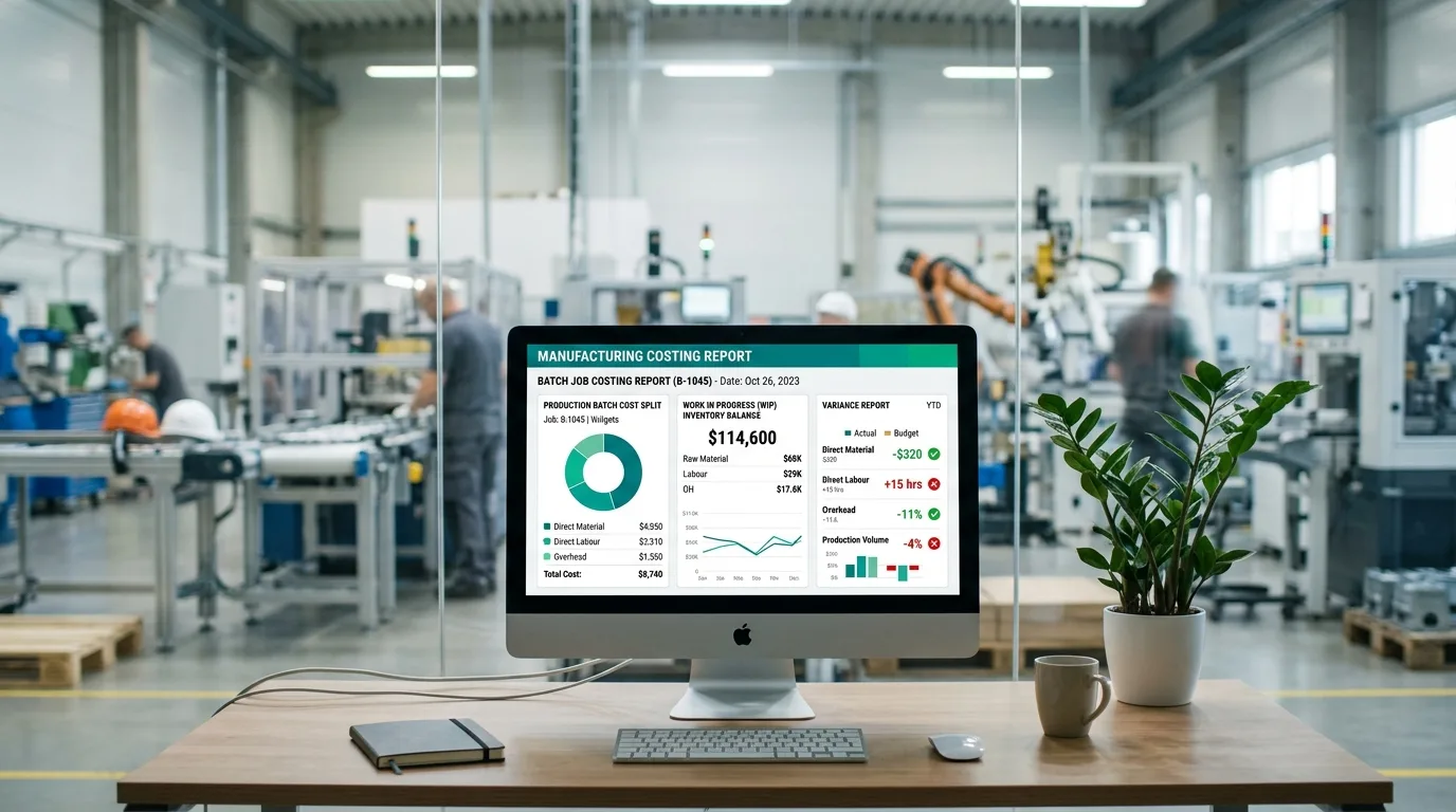 Manufacturing costing report on an iMac in a plant manager office showing a batch job cost split into direct material, direct labour and overhead, a work in progress balance and a variance report, with a factory floor visible through the glass behind