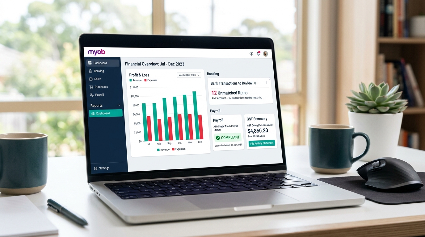 MYOB Business accounting dashboard on a MacBook Pro showing profit and loss chart, bank transactions to review, STP compliant status, and GST summary in a modern Australian office