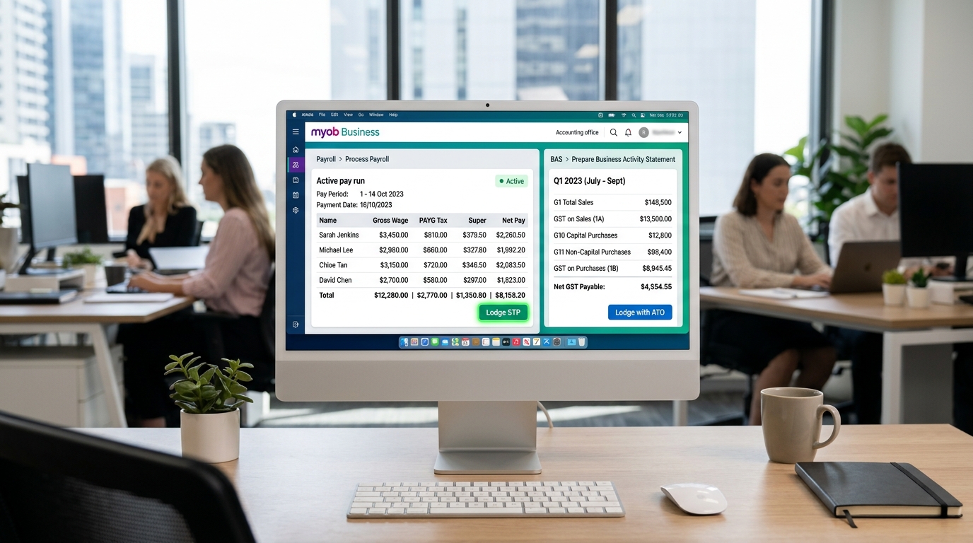MYOB Business payroll and BAS preparation interface on an iMac showing employee pay run with PAYG withholding and superannuation columns alongside a Business Activity Statement with GST figures and Lodge with ATO button