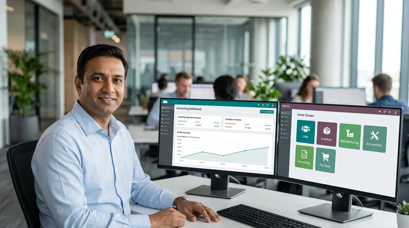 Operations director comparing Odoo vs QuickBooks on two screens, a standalone accounting dashboard and a modular ERP home screen with CRM, Inventory, Manufacturing, Accounting and Purchase apps