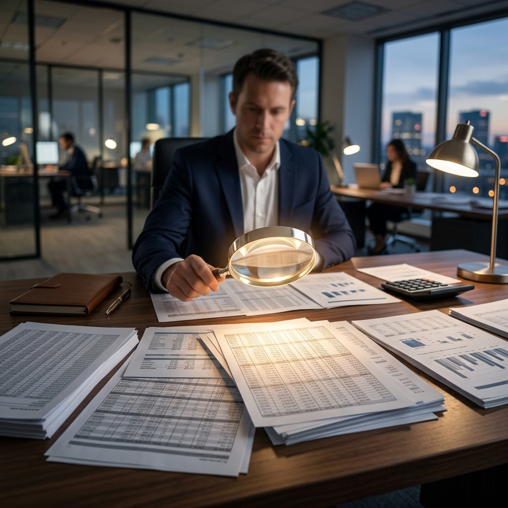 Financial ledgers balancing on a digital scale glowing with blue light in a corporate office
