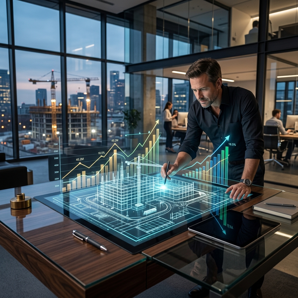 Glowing digital blueprint of a construction site merged with financial growth charts on a sleek desk