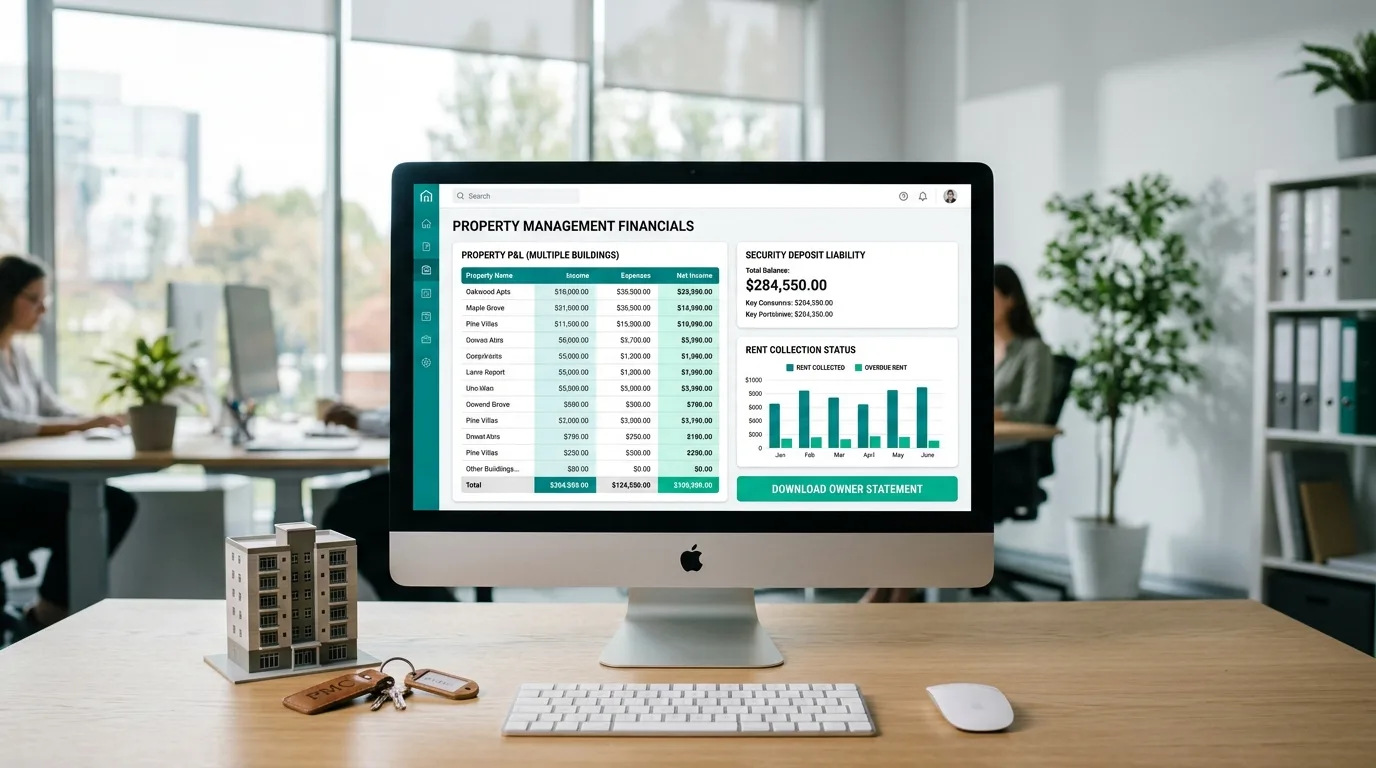 Property management accounting report on an iMac showing property level profit and loss for several rental buildings, a security deposit liability balance and a rent collected versus overdue chart with a Download Owner Statement button