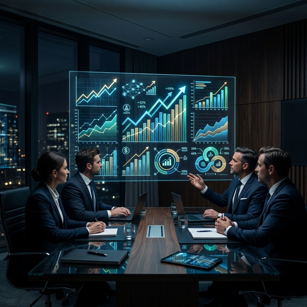 Financial expert reviewing growth metrics on a digital tablet with a business owner