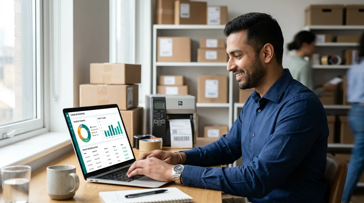E-commerce store owner comparing Xero vs QuickBooks for e-commerce sellers on a laptop showing sales by channel, profit and loss chart and payout reconciliation list beside shipping parcels