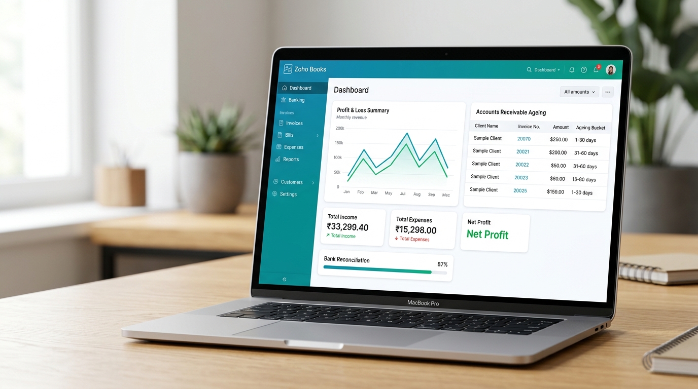 Zoho Books accounting dashboard showing profit and loss summary, bank reconciliation, accounts receivable ageing, and financial metric cards