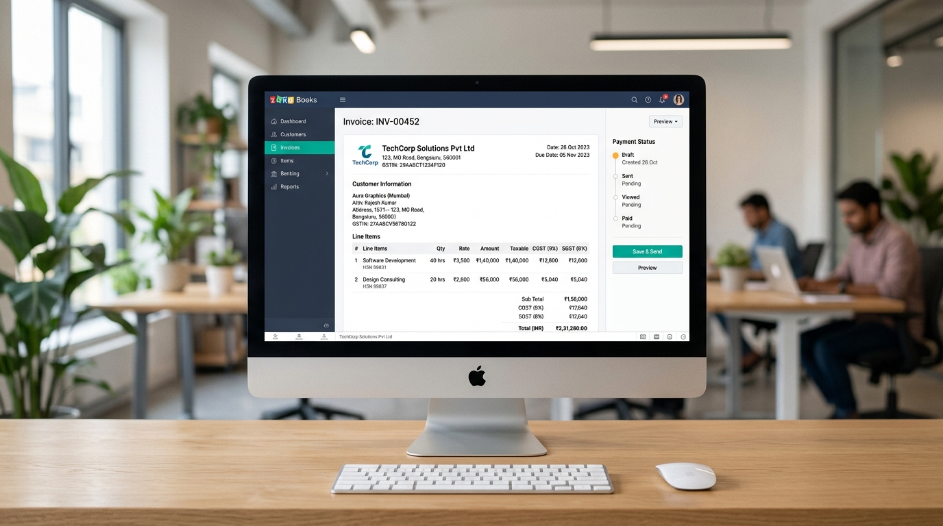 Zoho Books invoice creation screen showing GST line items with CGST and SGST columns, GSTIN details, payment status tracker, and a Send Invoice button on an iMac in a modern Indian office