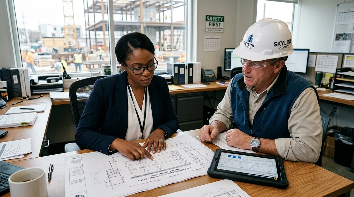 BlackLine for Construction business accounting team reviewing site blueprints and job costing files