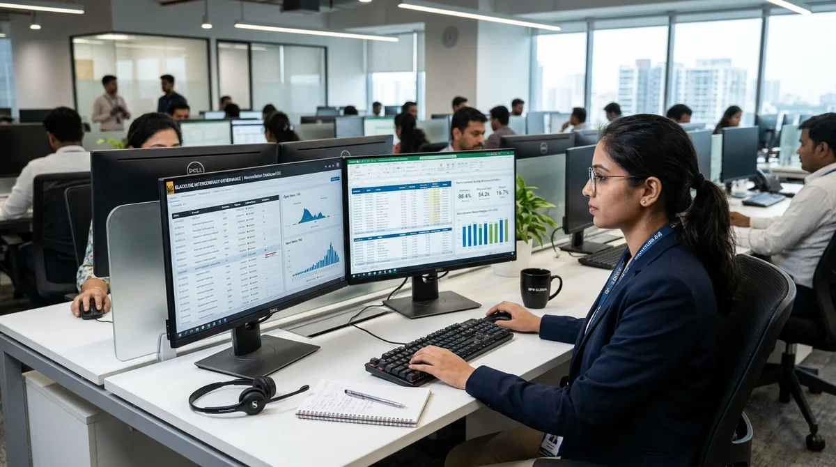 BlackLine for BPO business financial reports on dual monitors overlooking a contact center floor
