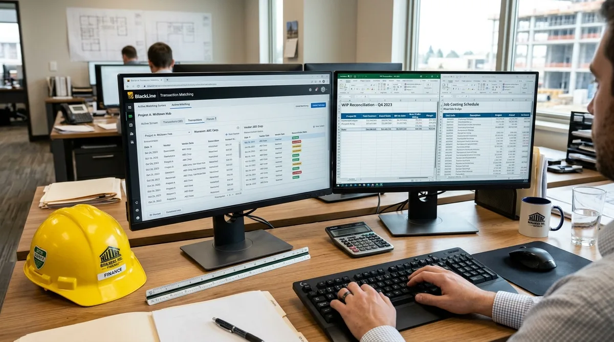 BlackLine for Construction business financial reports on dual monitors overlooking a building project