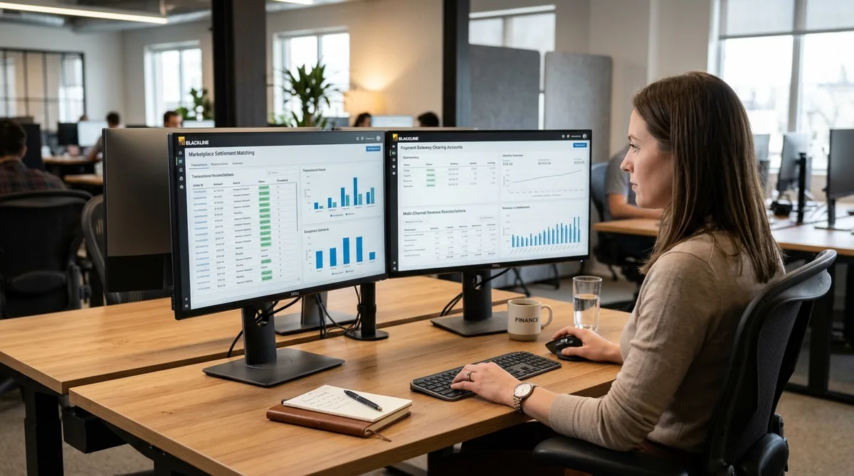 BlackLine for Ecommerce business financial reports on dual monitors in a digital brand studio