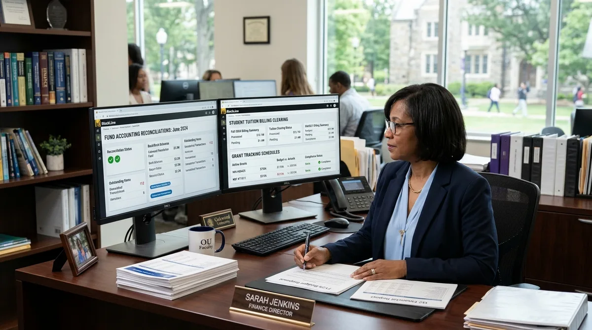 BlackLine for Educational Institutions financial reports on dual monitors in a school finance suite