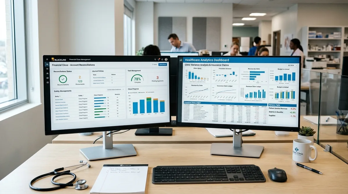 BlackLine for Healthcare business financial reports on dual monitors in a modern medical office