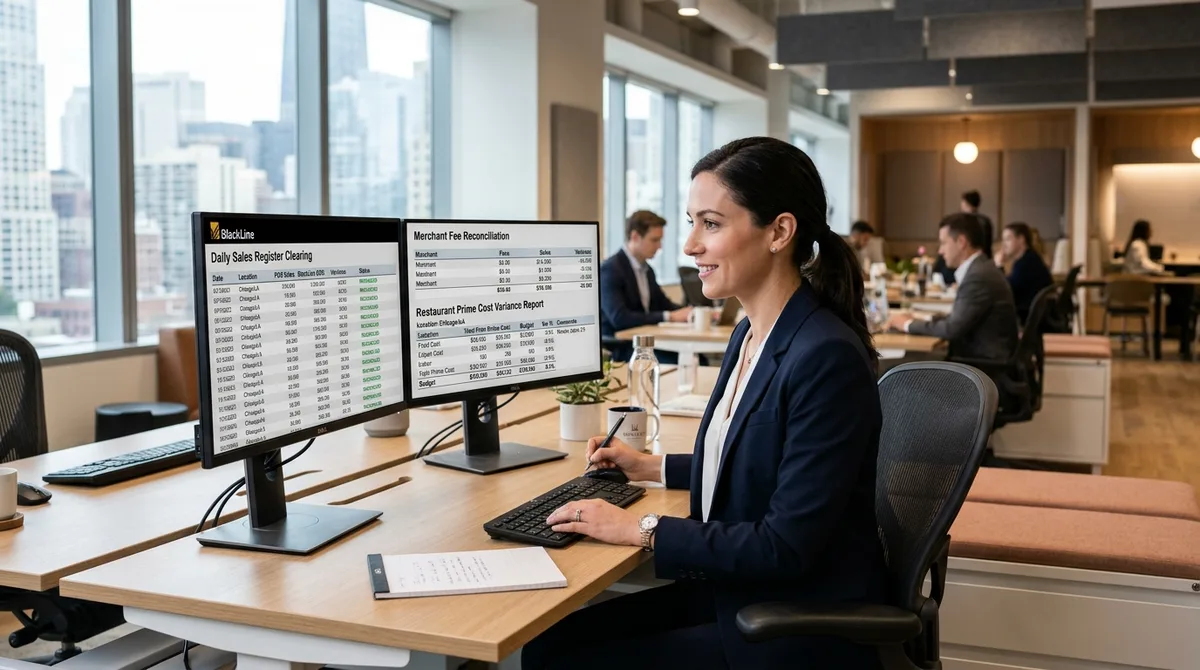 BlackLine for Hospitality business financial reports on dual monitors in an upscale venue back office