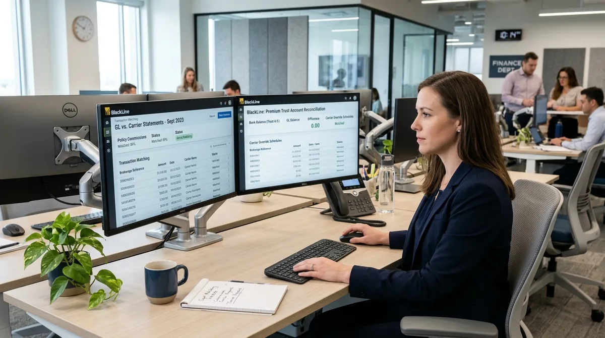 BlackLine for Insurance business financial reports on dual monitors in a commercial brokerage office