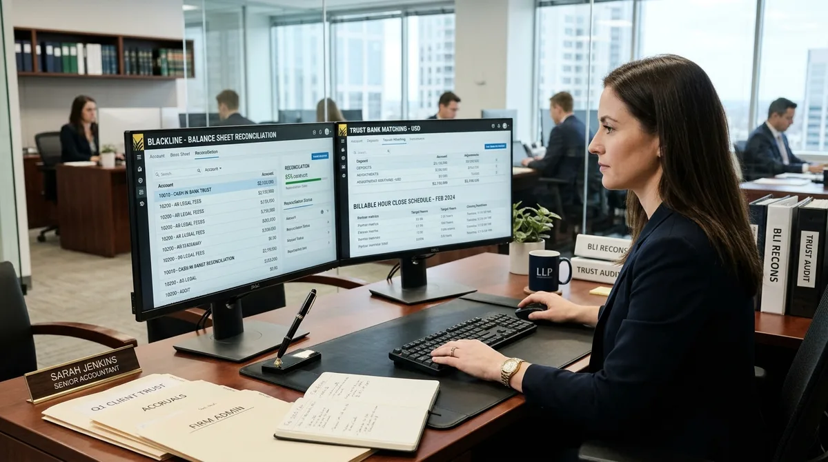 BlackLine for Legal business financial reports on dual monitors in an executive law firm office