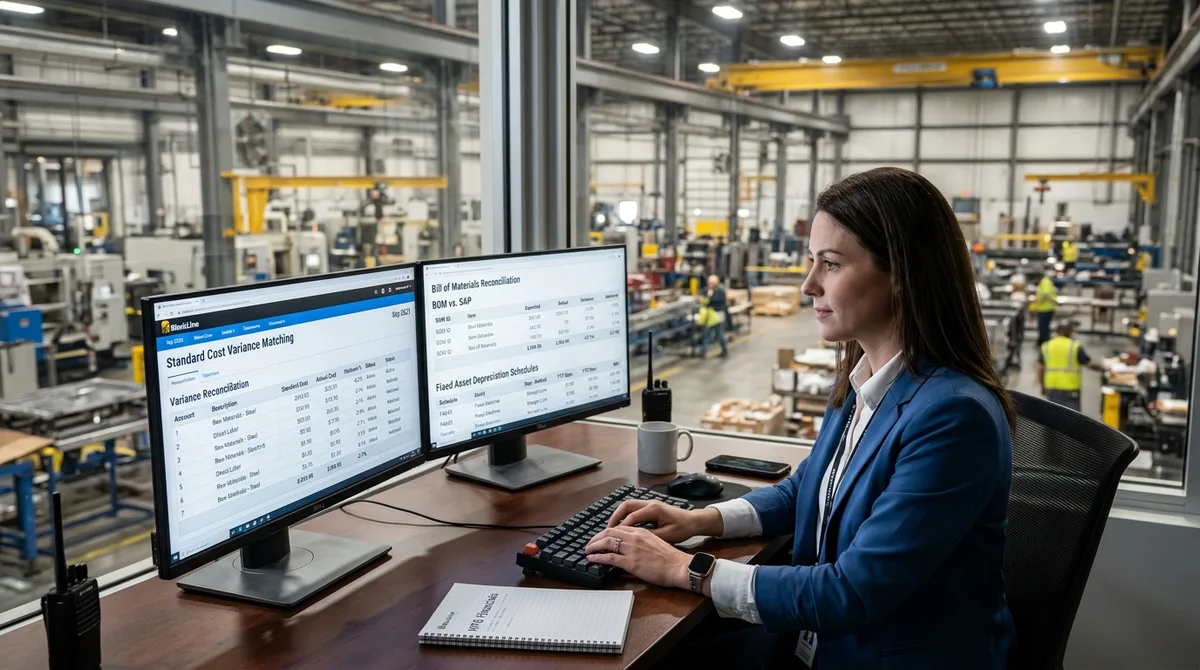 BlackLine for Manufacturing Companies financial reports on dual monitors in an industrial plant office