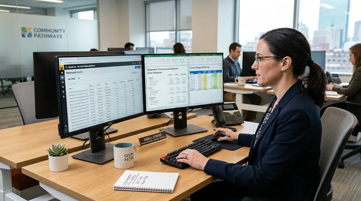 BlackLine for Nonprofits financial reports on dual monitors in a charitable foundation office