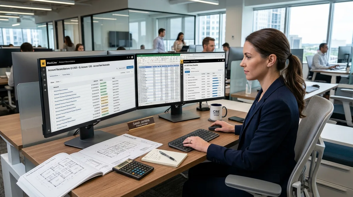 BlackLine for Real Estate business financial reports on dual monitors with an urban city view