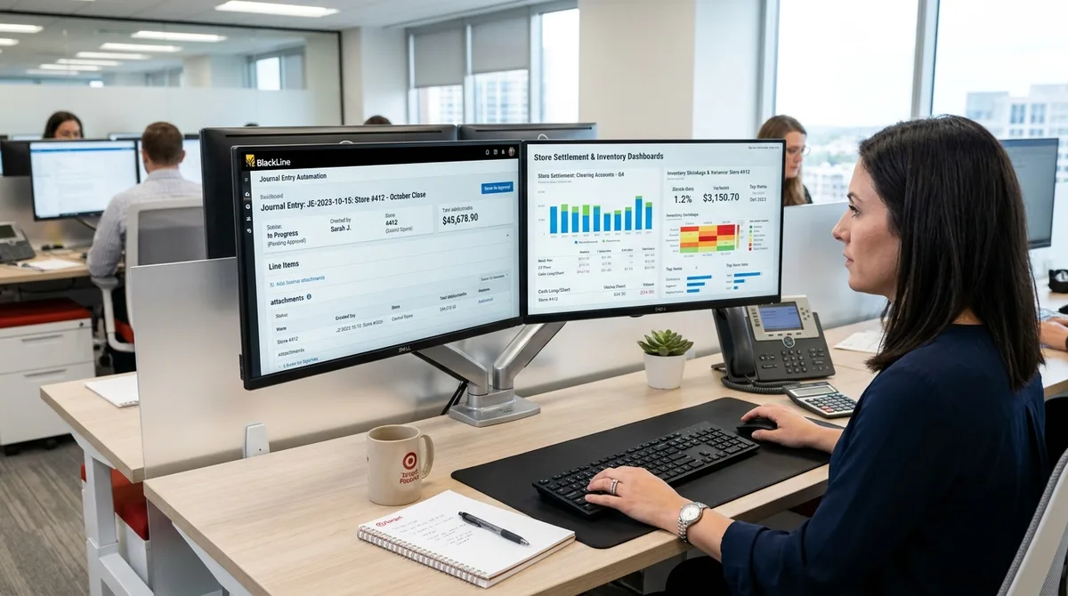 BlackLine for Retail business financial reports on dual monitors in a modern retail headquarters