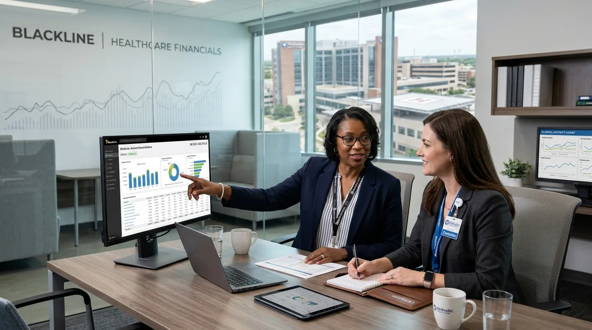 BlackLine for Healthcare business accounting team reviewing clinic billing beside medical charts