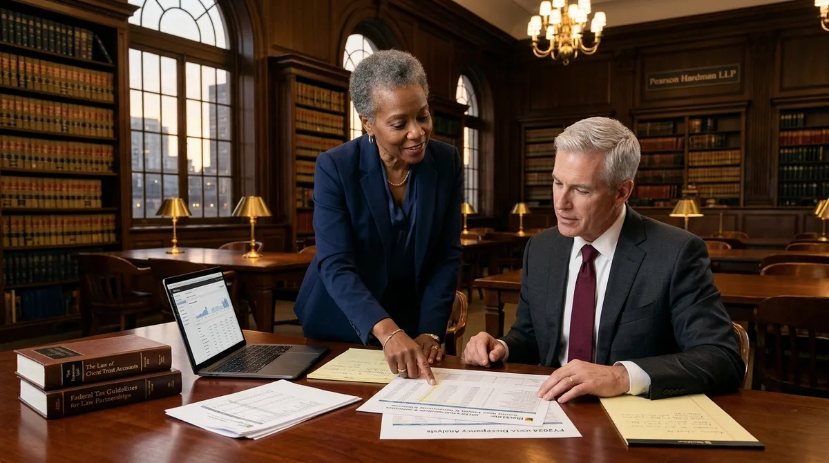BlackLine for Legal business accounting team reviewing trust ledgers beside legal reference volumes