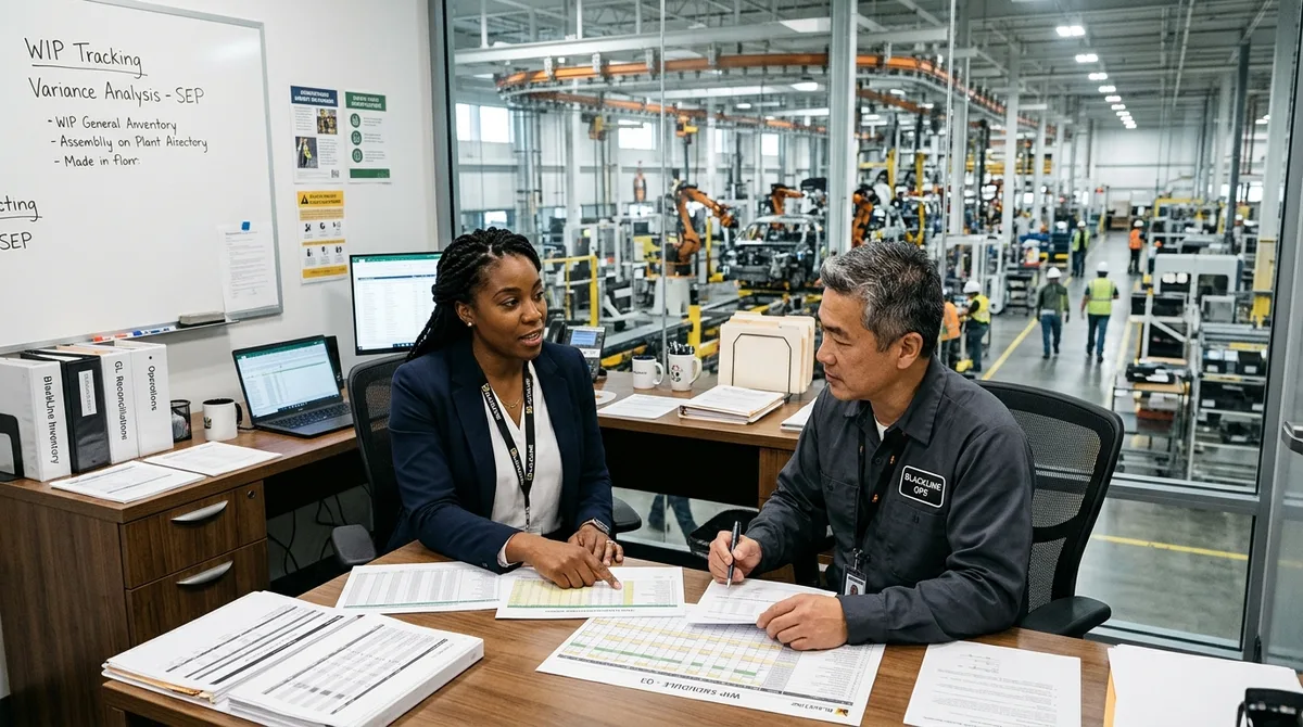 BlackLine for Manufacturing Companies accounting team reviewing production cost sheets beside machinery
