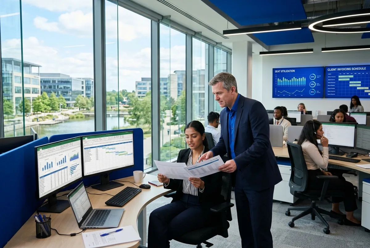 FreshBooks for BPO business accounting specialist collaborating with an operations director in a state of the art contact center delivery hub