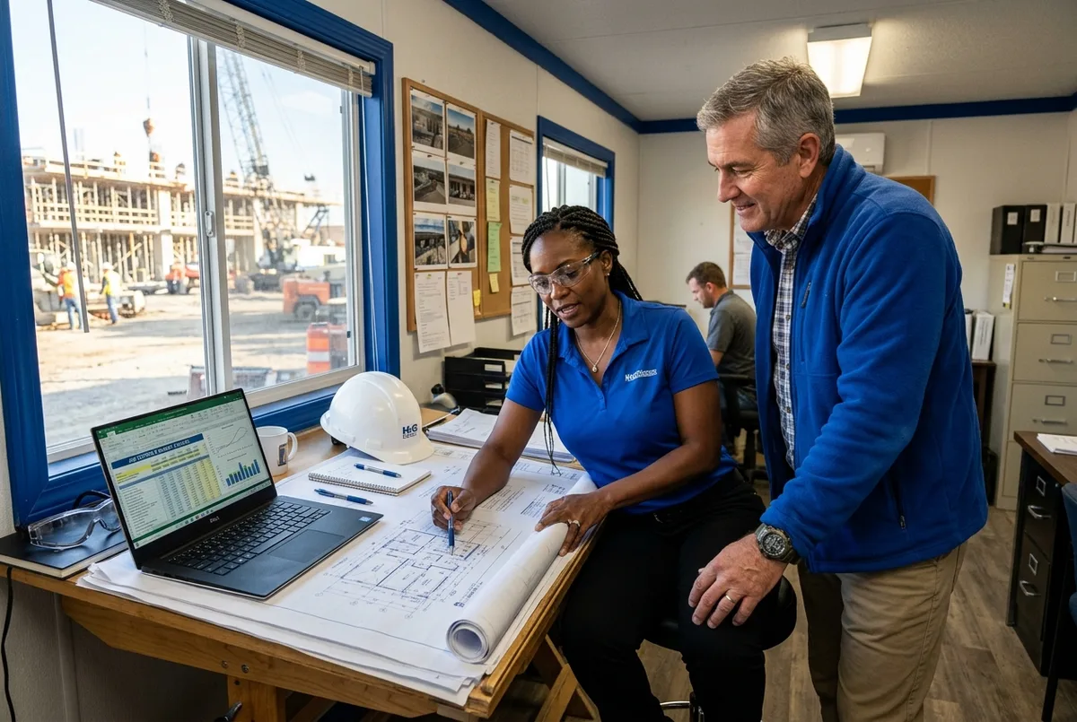 FreshBooks for Construction business job costing team reviewing project blueprints and site expenditure worksheets