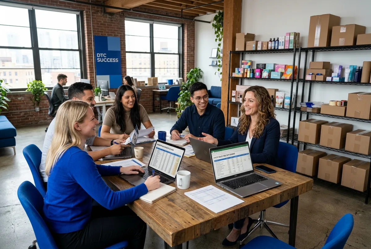 FreshBooks for Ecommerce business accounting team collaborating with an online brand founder in a tech office