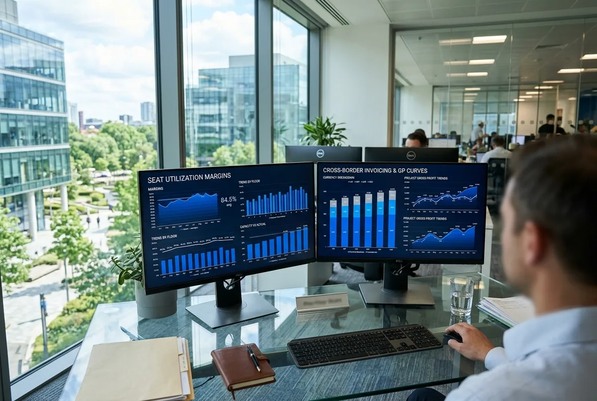 FreshBooks for BPO business financial reports on dual monitors in a corporate delivery center finance office