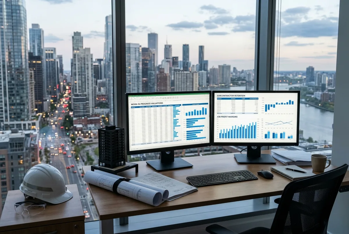 FreshBooks for Construction business financial reports on dual monitors overlooking an urban skyline