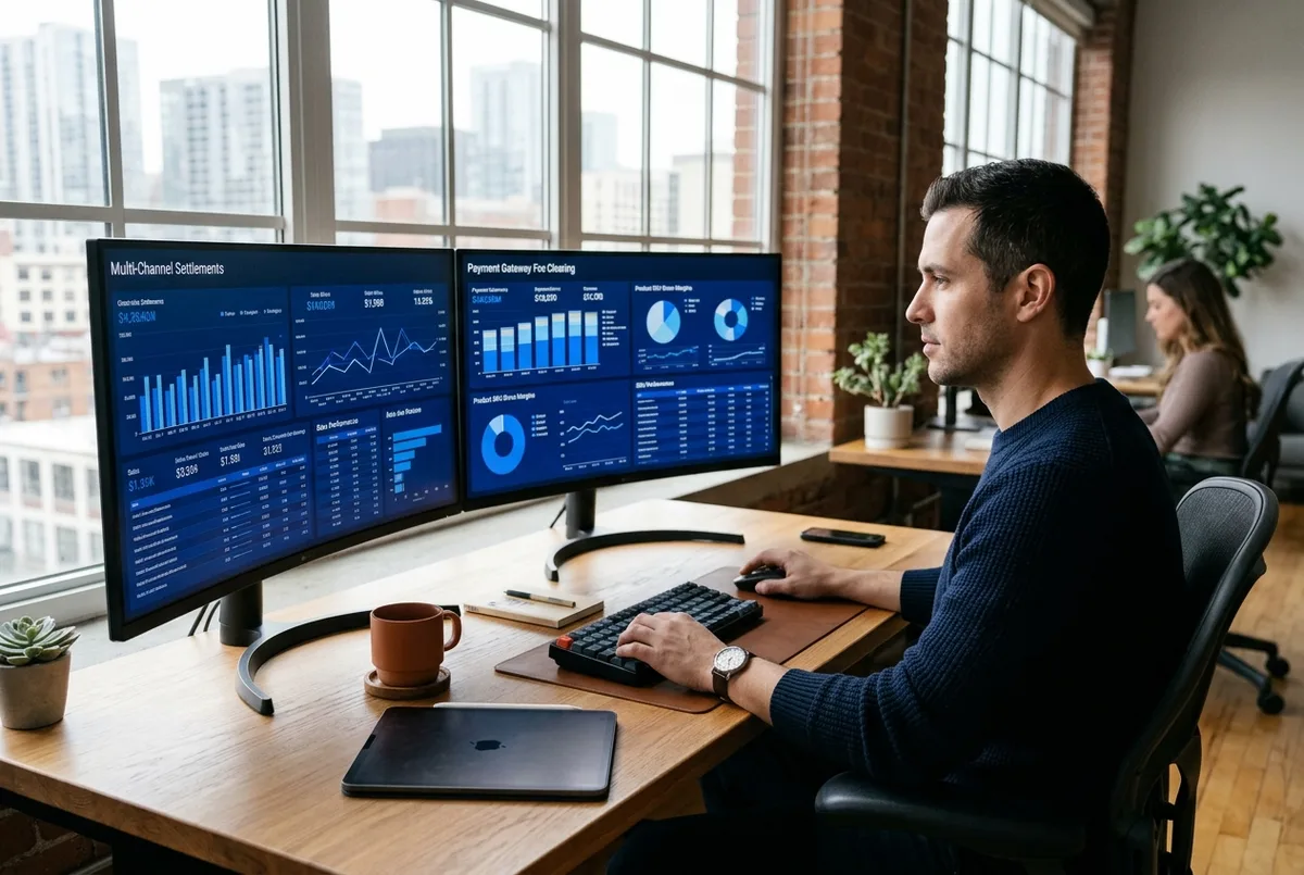 FreshBooks for Ecommerce business financial reports on dual monitors in a loft office setting