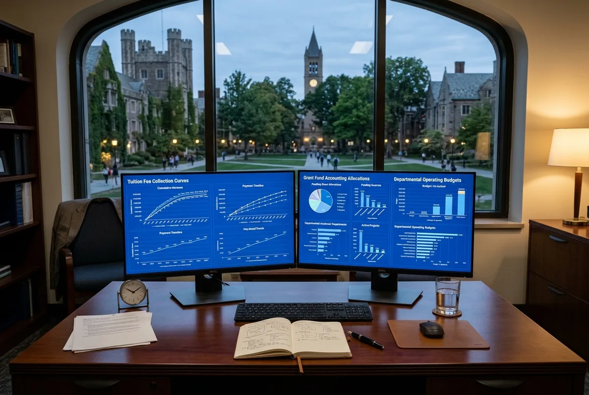 FreshBooks for Educational Institutions financial reports on dual monitors in a university finance office