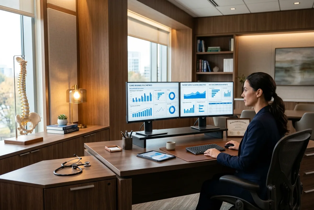 FreshBooks for Healthcare business financial reports on dual monitors in a modern medical office