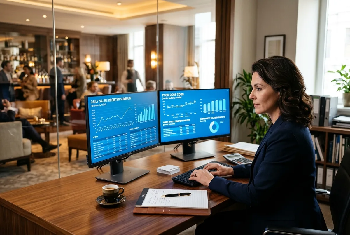 FreshBooks for Hospitality business financial reports on dual monitors in a hotel executive office