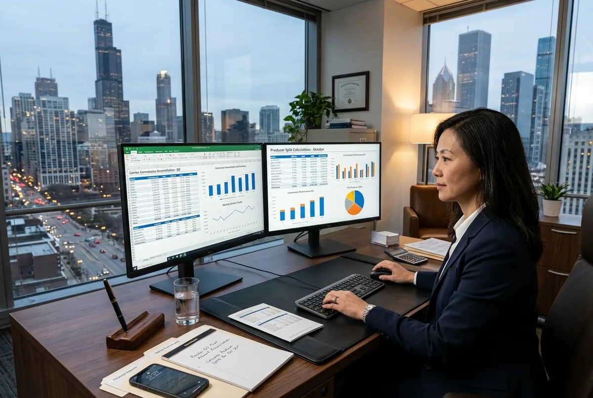 FreshBooks for Insurance business financial reports on dual monitors in a high rise brokerage office
