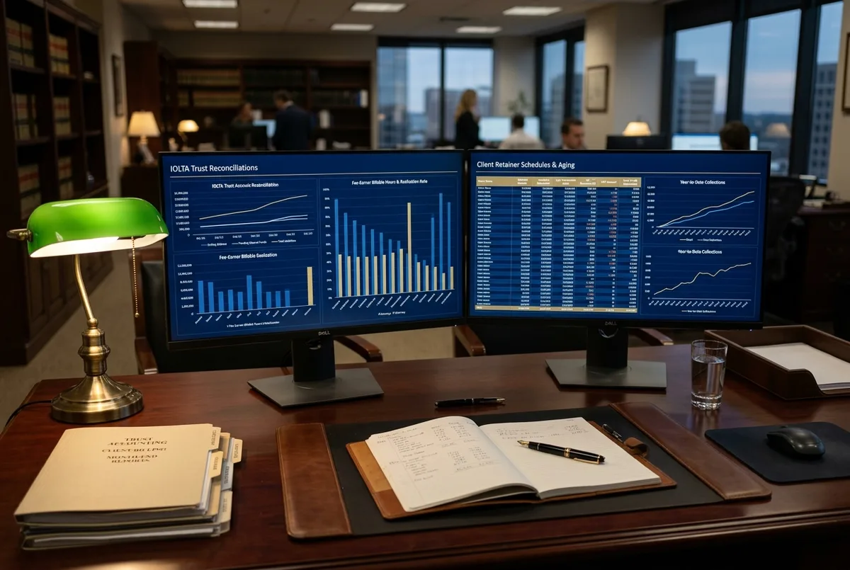 FreshBooks for Legal business financial reports on dual monitors in an executive law firm office