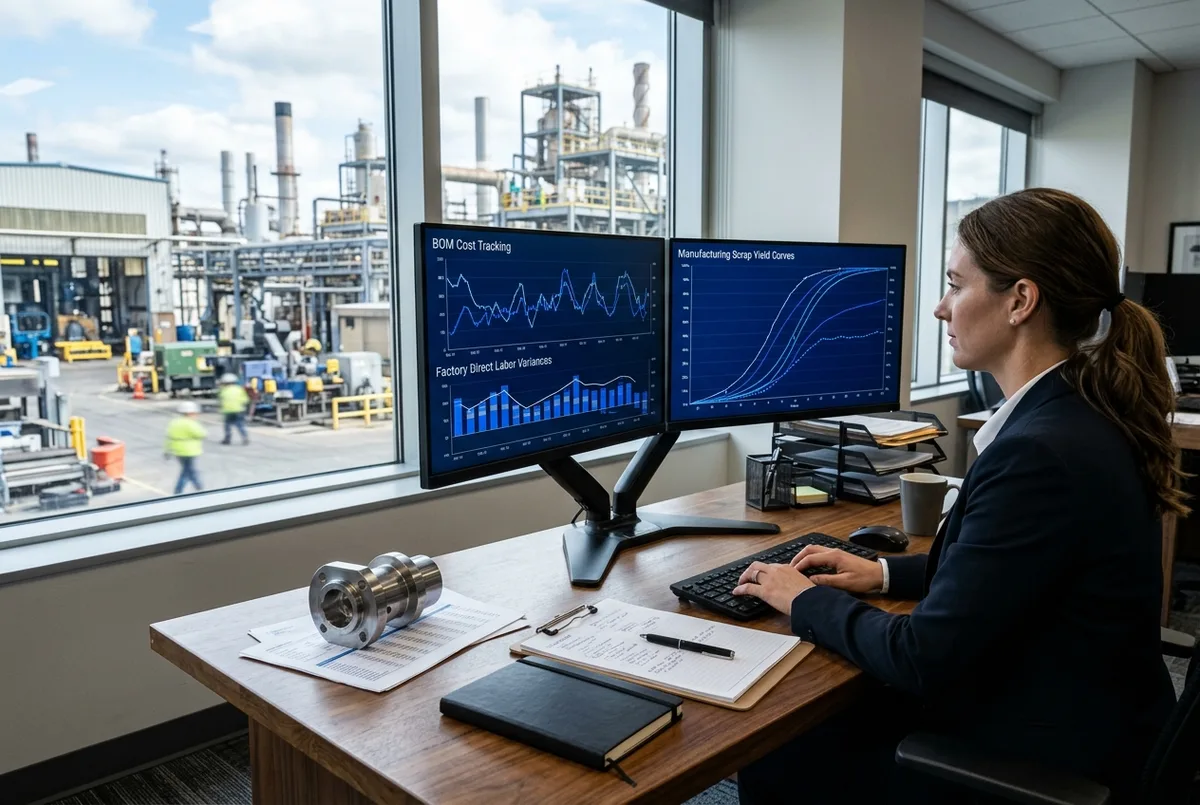 FreshBooks for Manufacturing Companies financial reports on dual monitors in a plant controller office