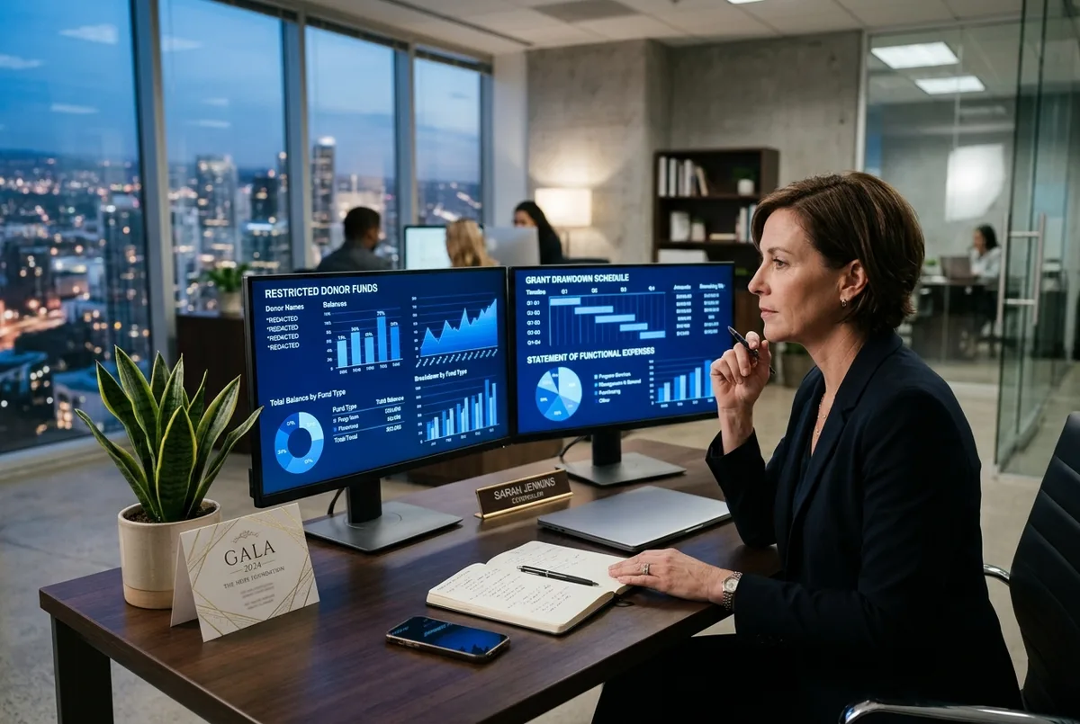 FreshBooks for Nonprofits financial reports on dual monitors in a nonprofit foundation office