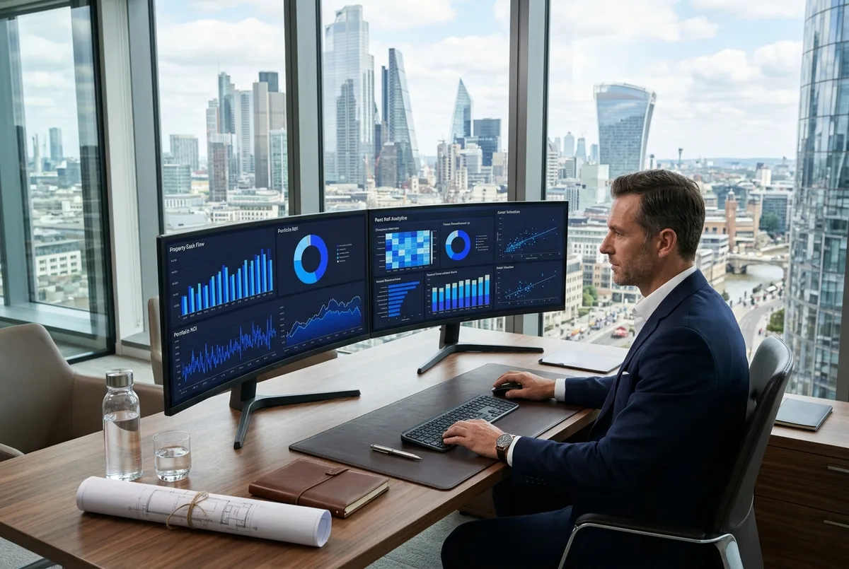 FreshBooks for Real Estate business financial reports on dual monitors with an urban city view