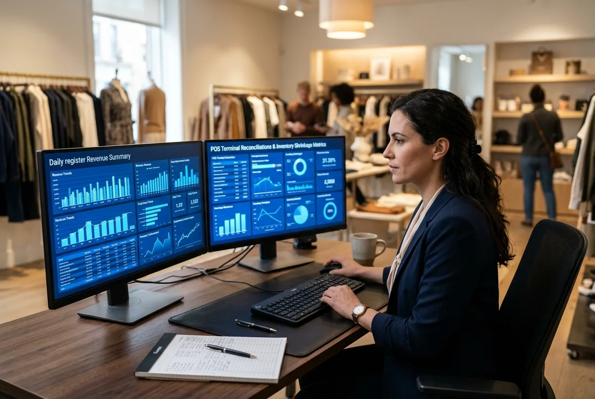 FreshBooks for Retail business financial reports on dual monitors in a modern retail operations office