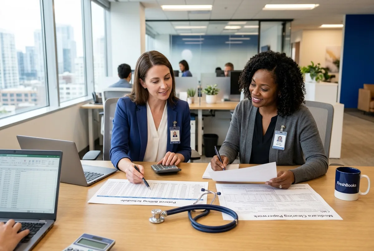 FreshBooks for Healthcare business accounting team reviewing clinic billing beside a stethoscope and tablet