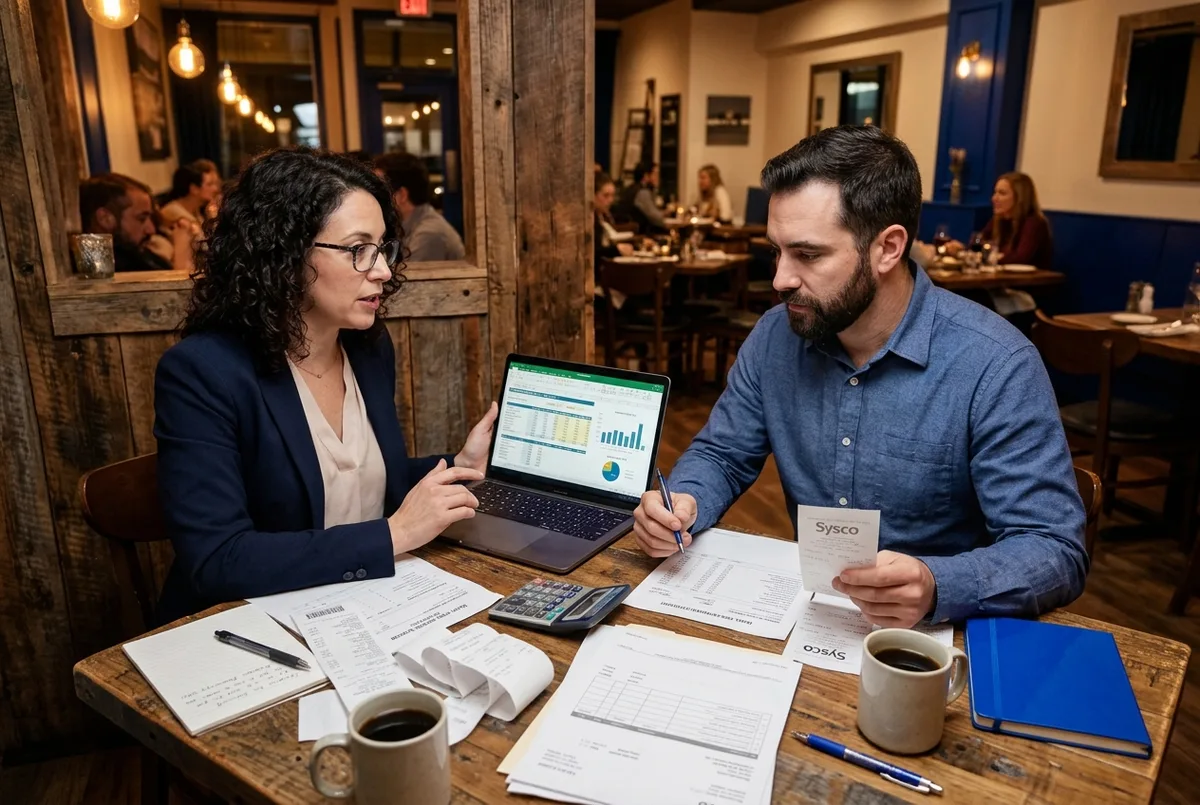 FreshBooks for Hospitality business accounting specialist collaborating with a restaurant general manager over POS receipts and COGS spreadsheets