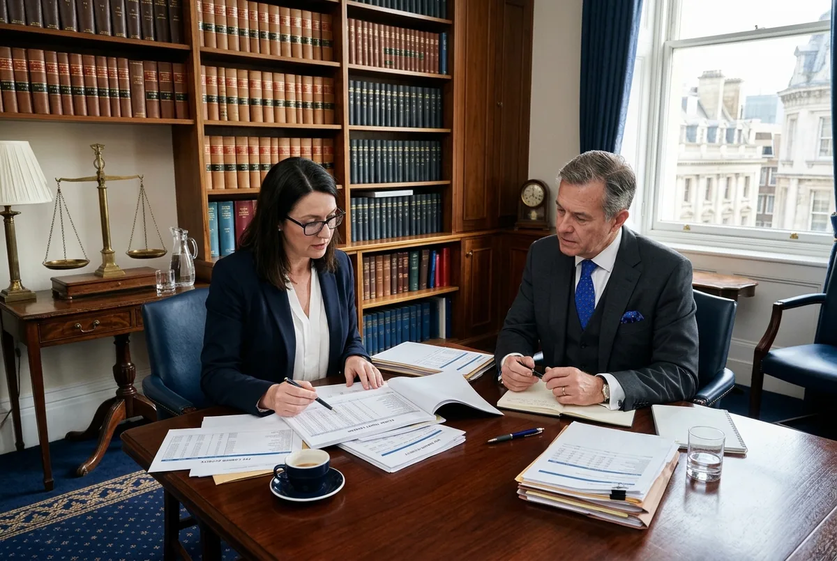 FreshBooks for Legal business accounting advisor and law partner reviewing trust ledgers and fee earner reports in a boardroom